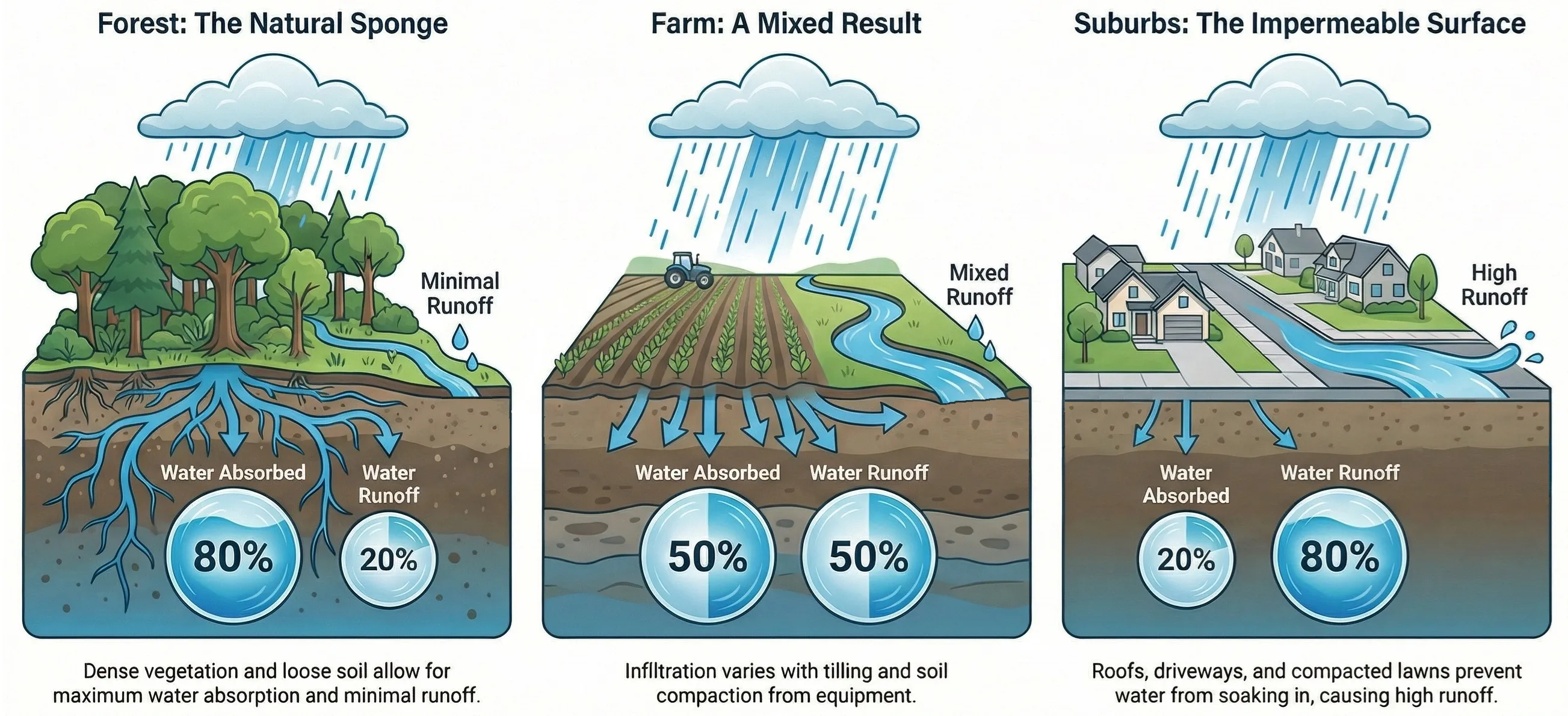 Infographic showing how land use changes from forest to farm to suburbs affect water infiltration and runoff