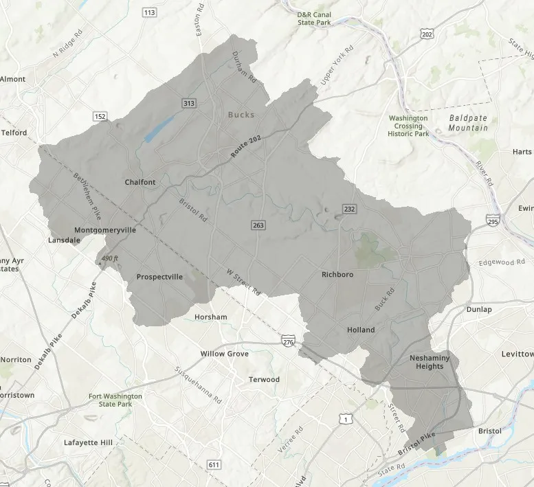Map of the Neshaminy Watershed showing the geographic area in Bucks County, Pennsylvania