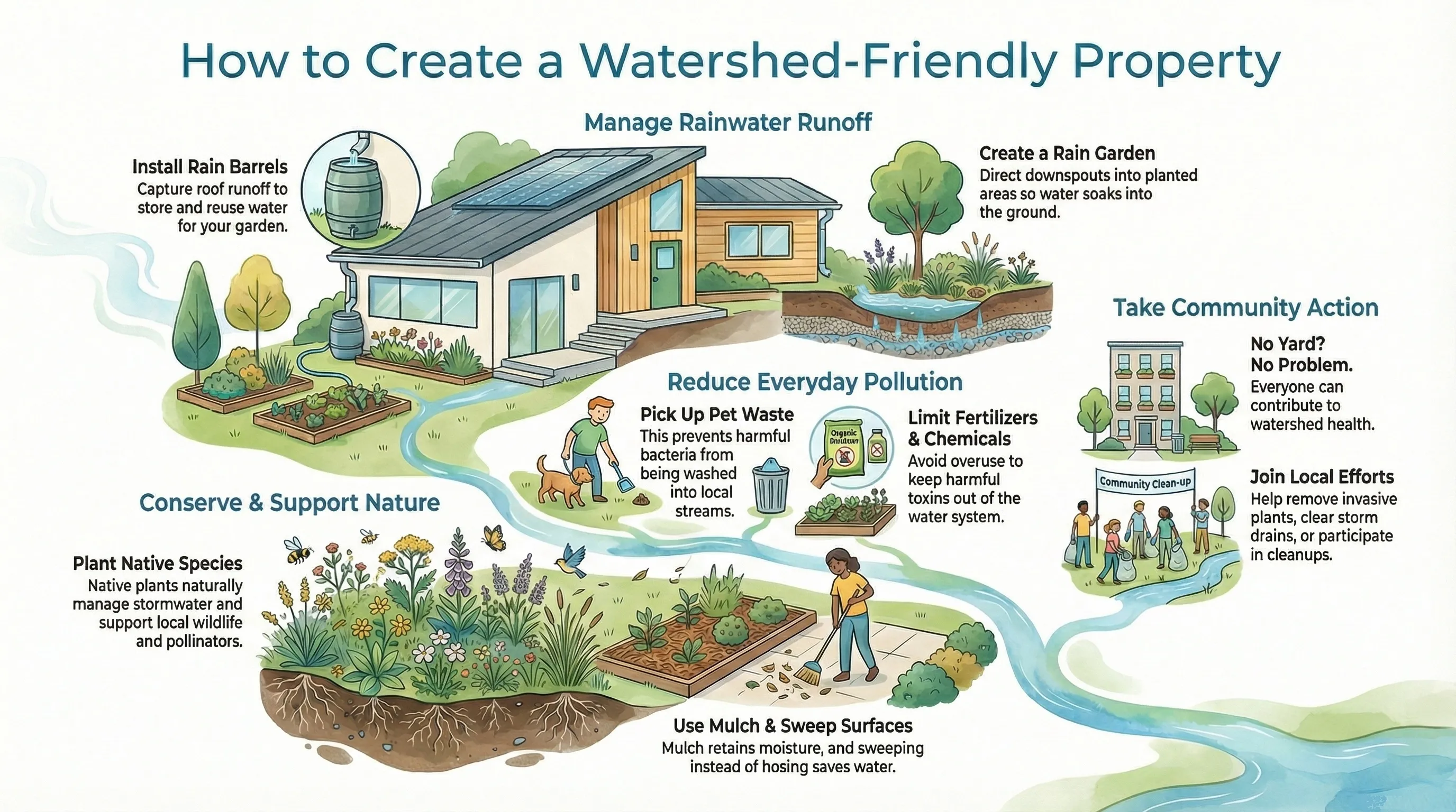 Example of a watershed-friendly property with rain gardens, native plants, and stormwater management features